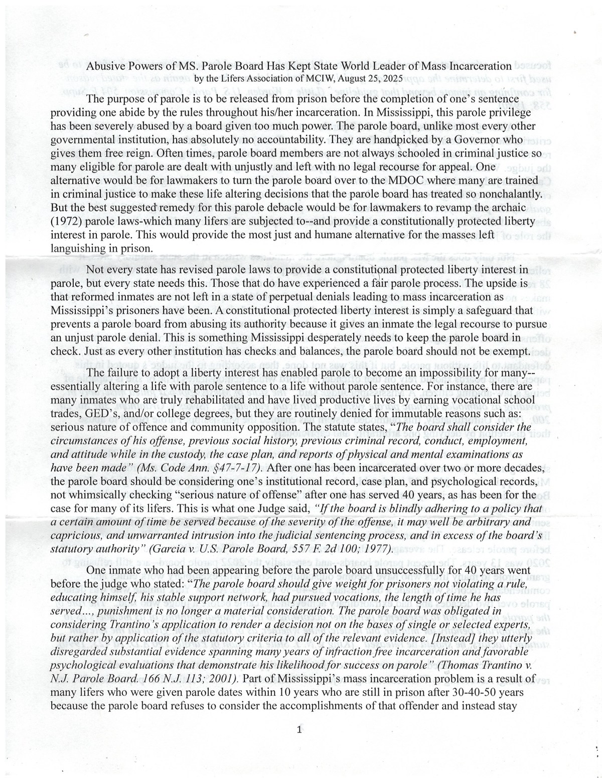 Abusive Powers of Mississippi Parole Board Has Kept State World Leader of Mass Incarceration – by the Lifers Association of Mississippi Correctional Institute for&nbsp;Women